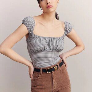 Reformation Kenji Top Size 8 Blue and Grey Plaid